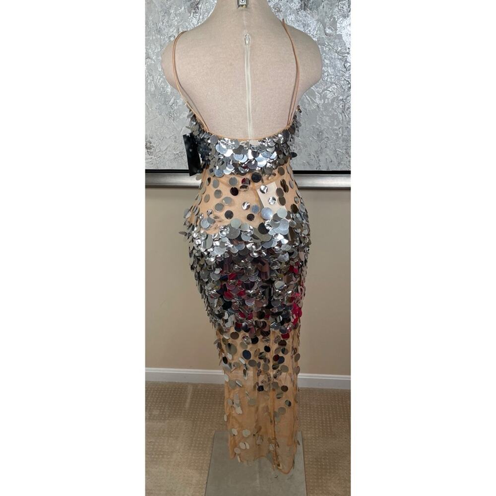 RETROFETE Mischa Sequin Embellished Sheer Silver Mirrored Maxi Dress Size M - Picture 7 of 9
